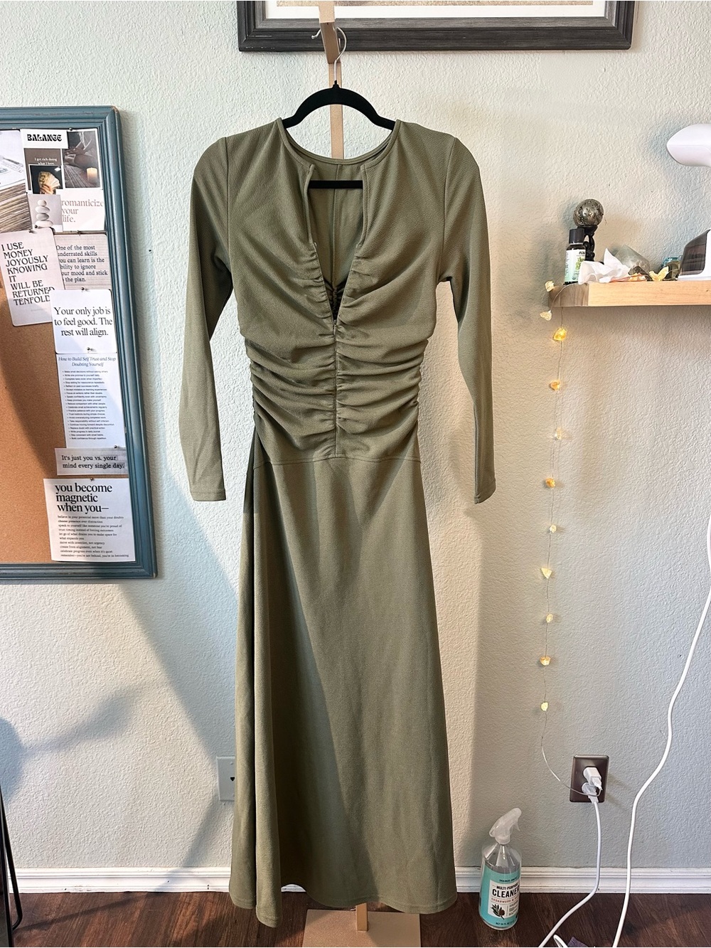 Commense Olive Green Ruched Long Sleeve Maxi Dress